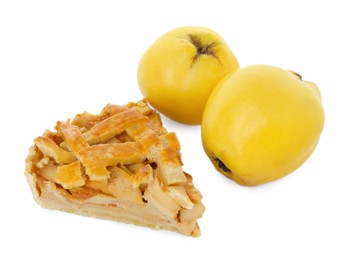 Photo of Piece of tasty homemade quince pie and fresh fruits isolated on white