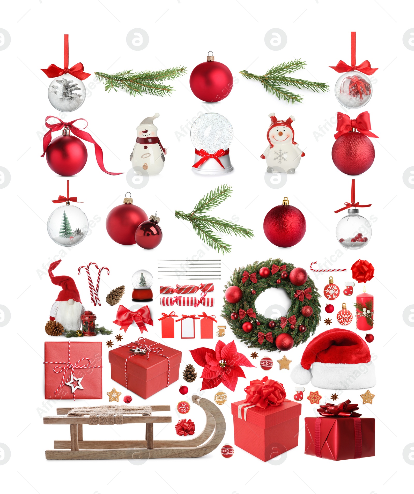 Image of Christmas staff and gift boxes isolated on white, collection