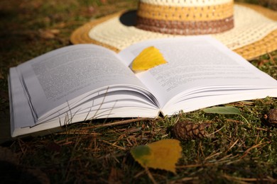 Photo of Open book, hat and leaves on grass outdoors, closeup