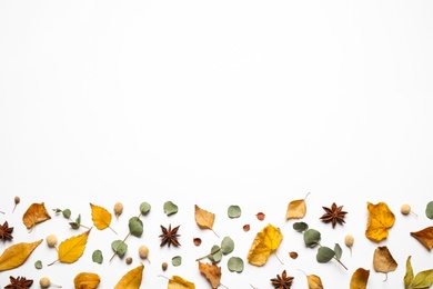 Photo of Flat lay composition with autumn leaves and space for text on white background