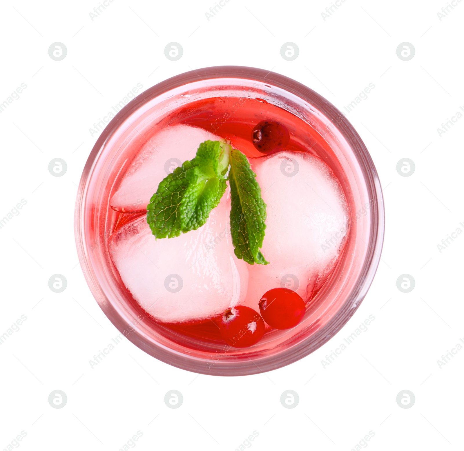 Photo of Tasty cranberry juice with ice cubes and mint in glass isolated on white, top view