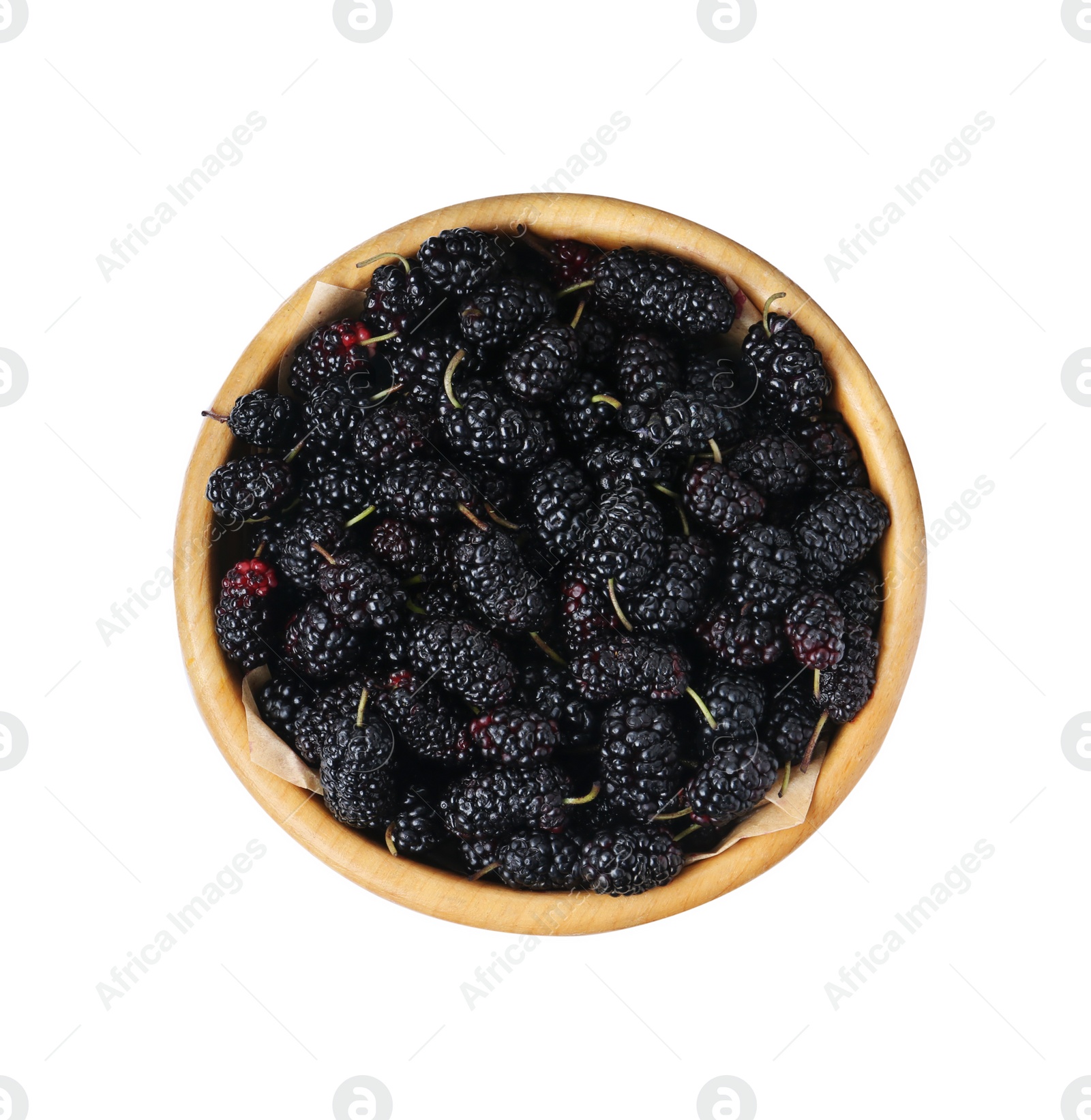 Photo of Bowl of delicious ripe black mulberries isolated on white, top view