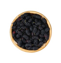 Photo of Bowl of delicious ripe black mulberries isolated on white, top view