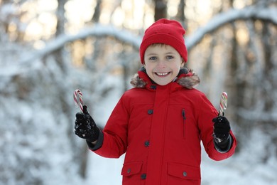 Photo of Cute little boy with candy canes in winter park