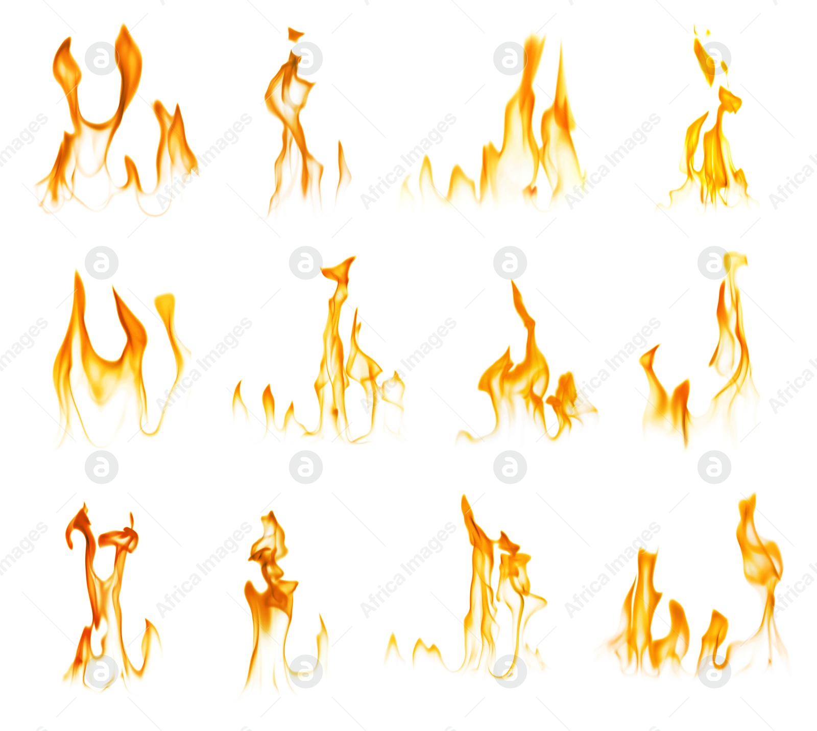 Illustration of Set with beautiful bright fire flames on white background