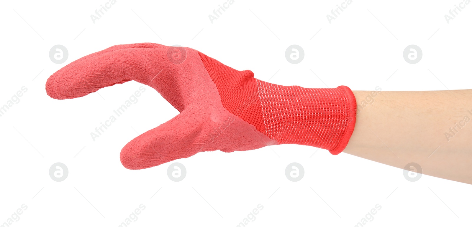 Photo of Woman in gardening glove on white background, closeup