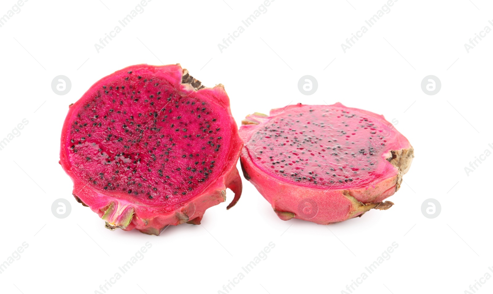 Photo of Delicious cut red pitahaya fruit on white background