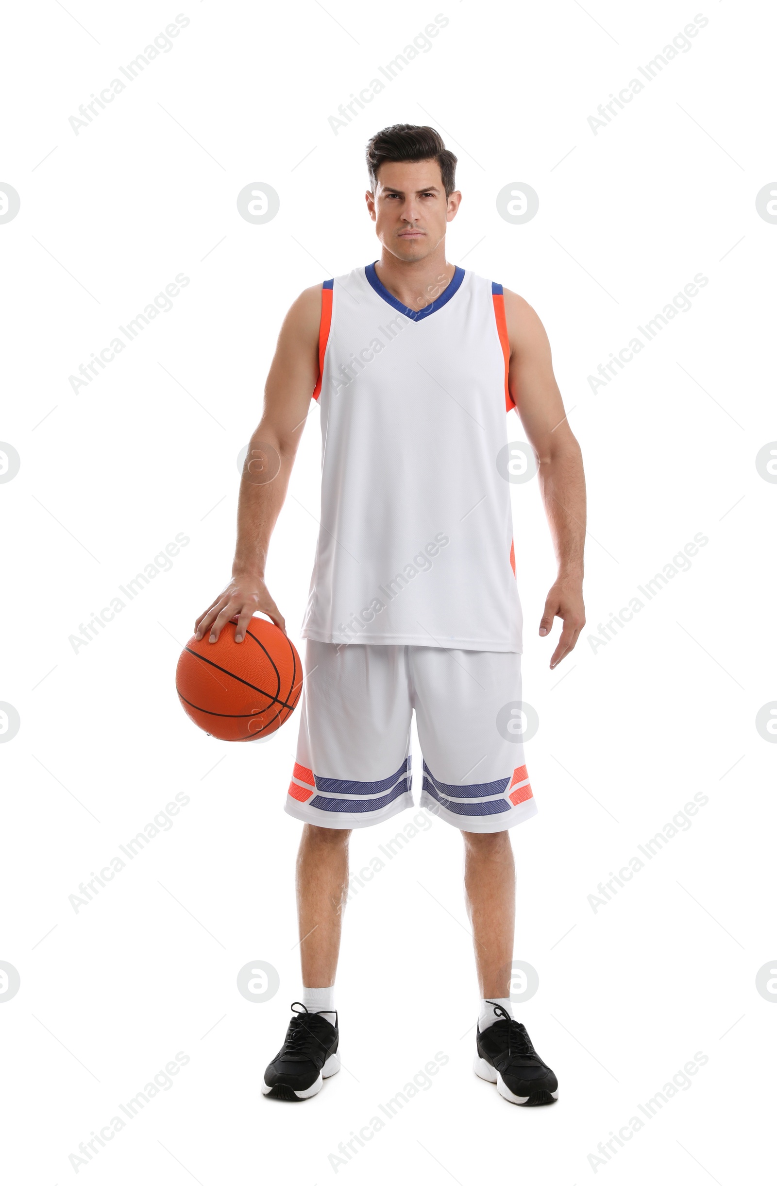 Photo of Basketball player with ball on white background