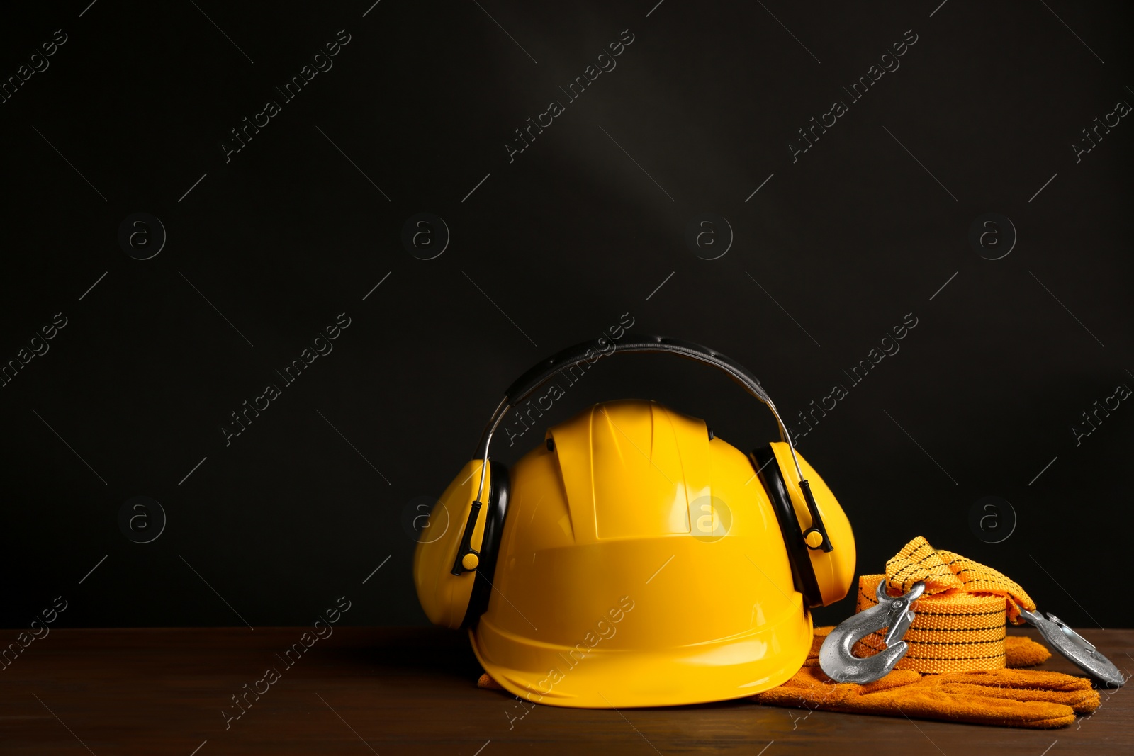 Photo of Composition with safety equipment on table. Space for text