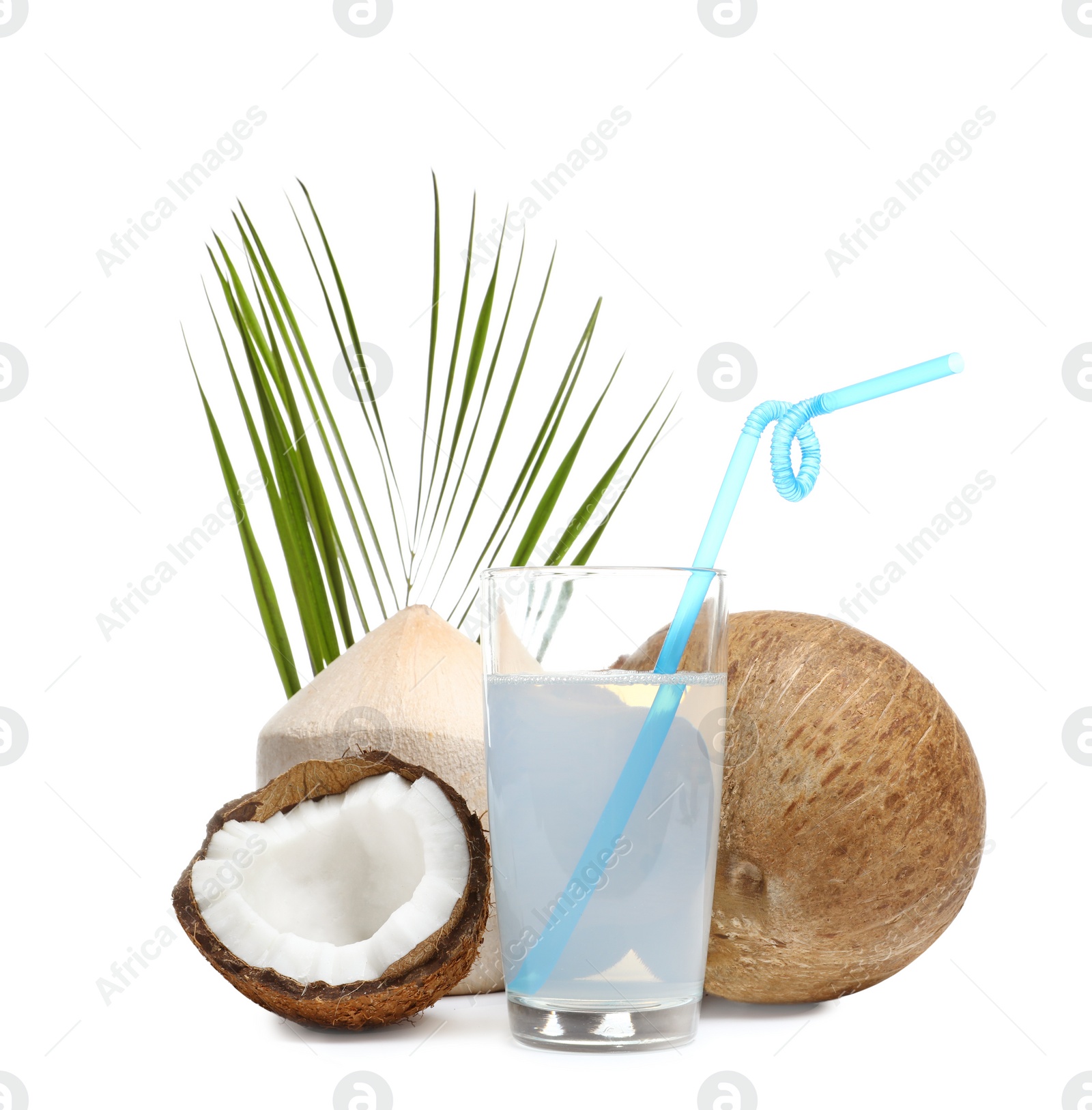 Photo of Glass of coconut milk and nuts on white background