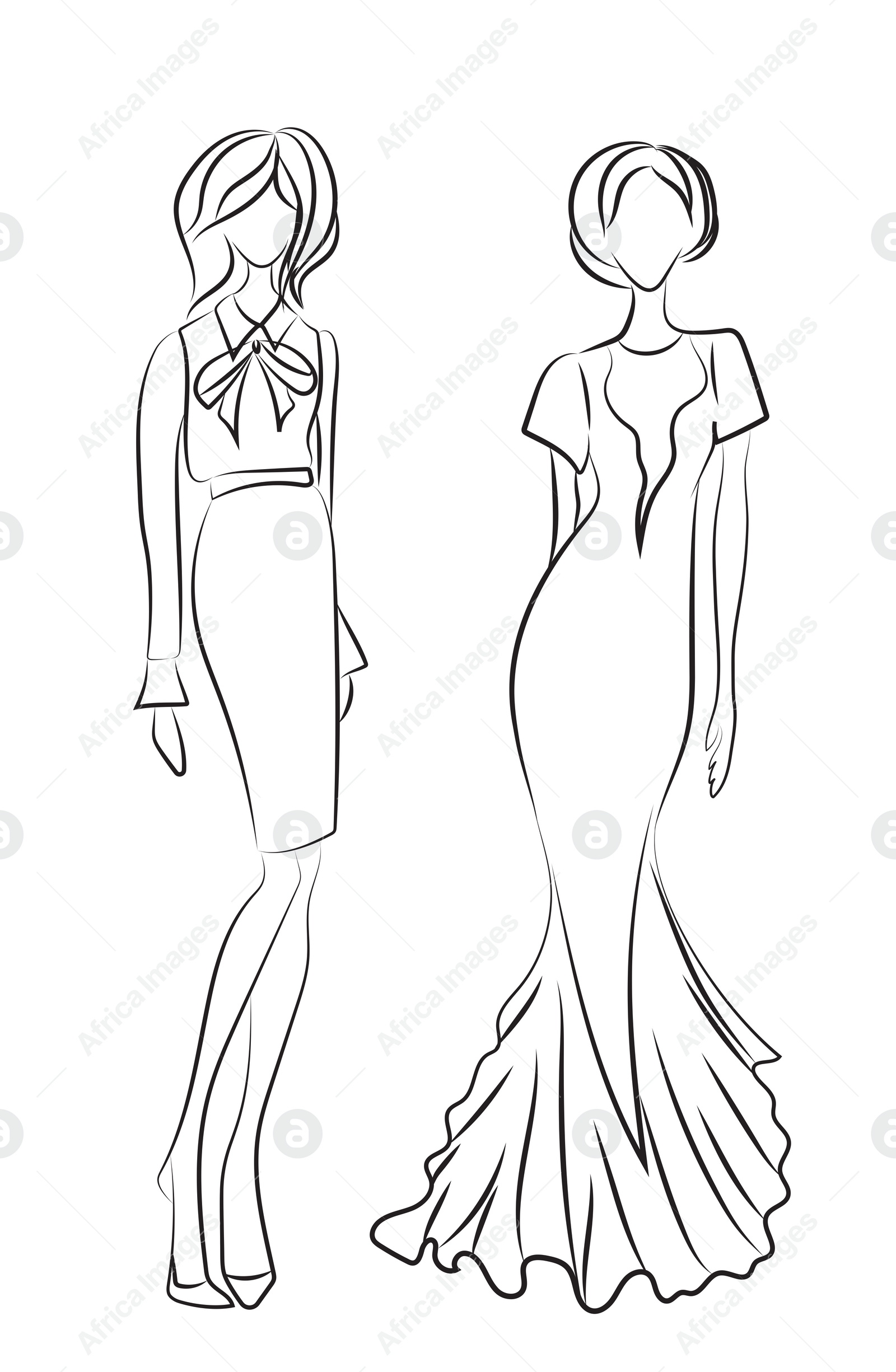 Illustration of Fashion sketch. Models wearing stylish clothes on white background, illustration