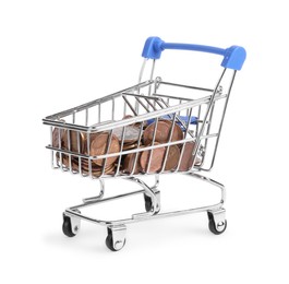 Small metal shopping cart with coins isolated on white