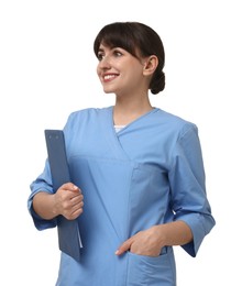 Photo of Portrait of smiling medical assistant with clipboard on white background