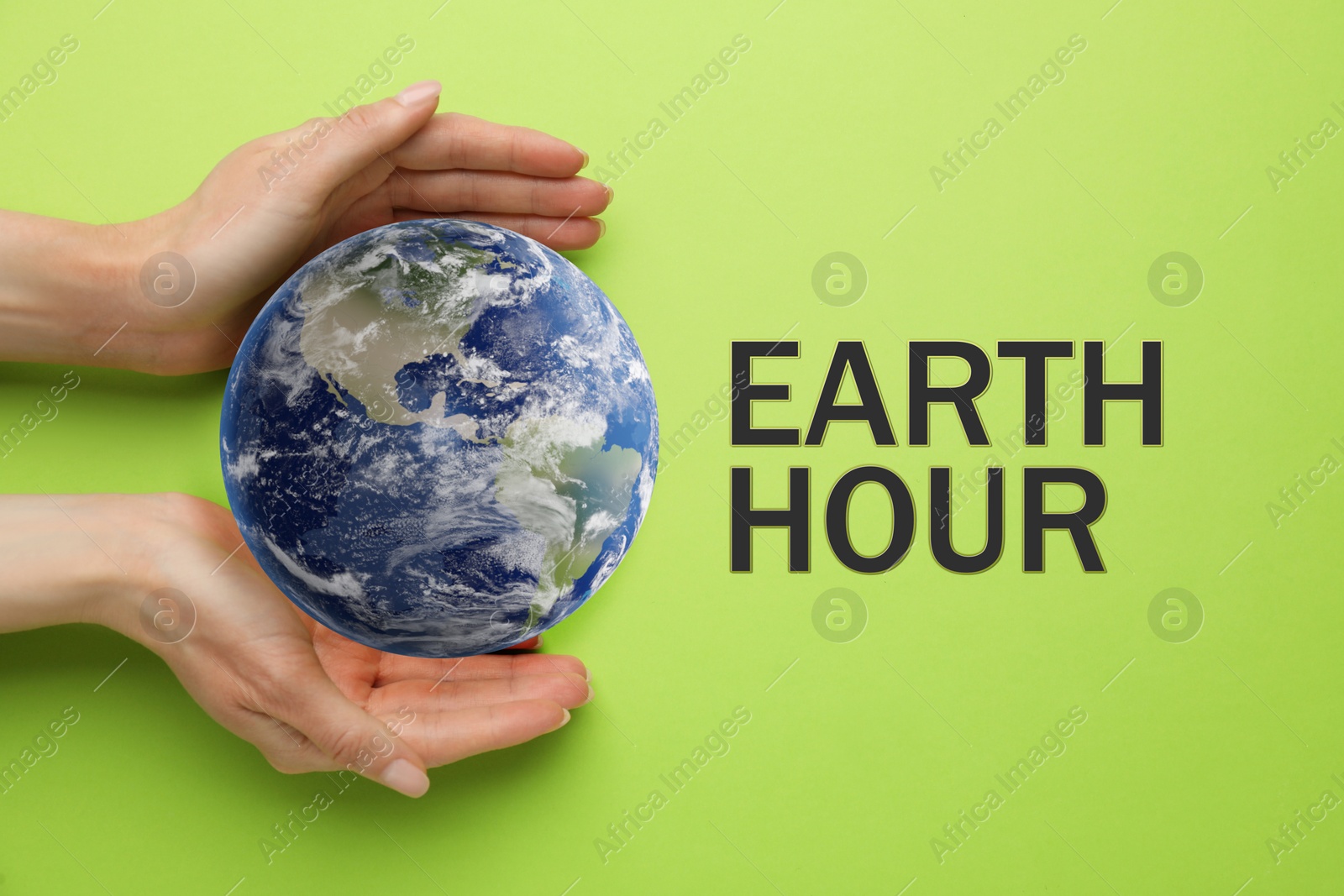 Image of Take care of Earth, turn off lights for hour. Woman with globe illustration on light green background, top view