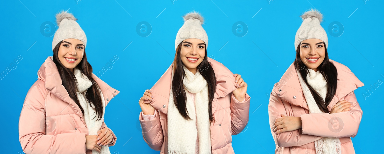Image of Collage with photos of young woman wearing warm clothes on blue background. Winter vacation 