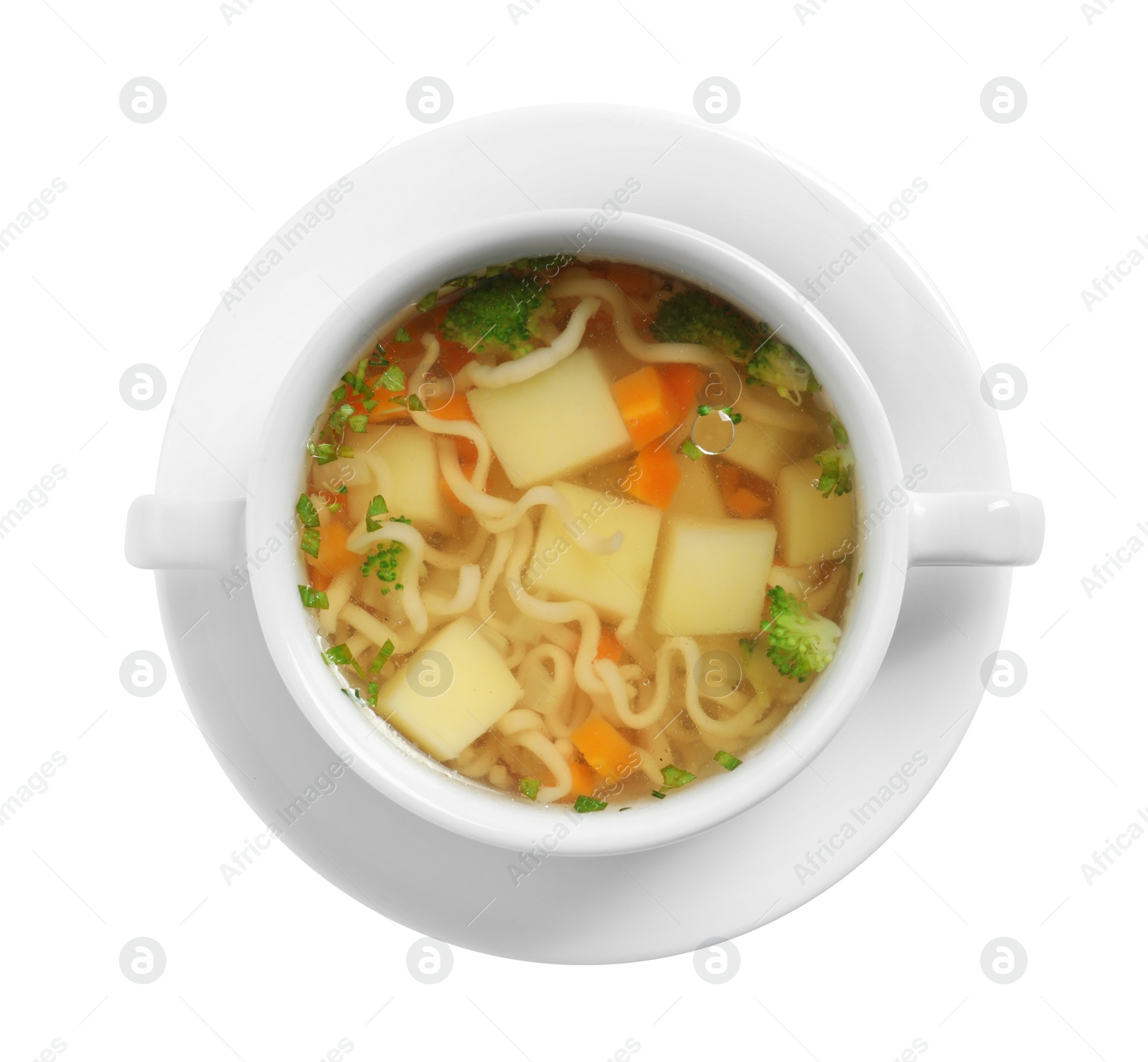 Photo of Dish of fresh homemade vegetable soup on white background, top view