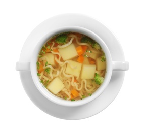 Photo of Dish of fresh homemade vegetable soup on white background, top view