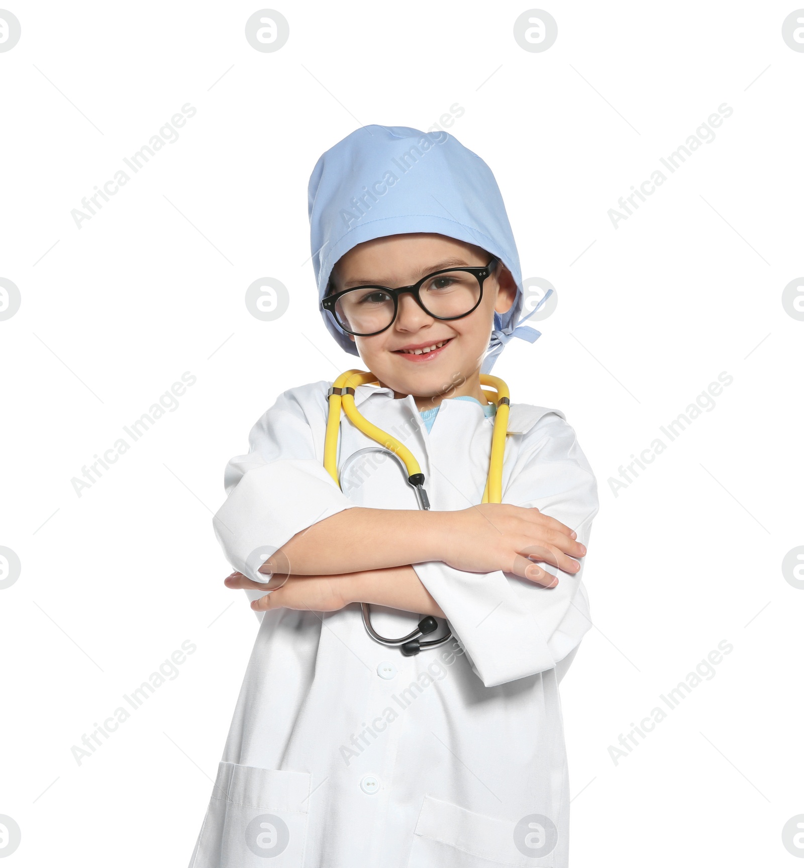 Photo of Cute little child in doctor coat with stethoscope on white background