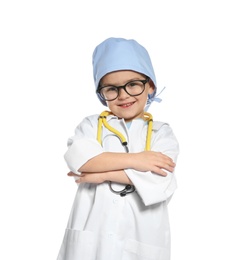 Cute little child in doctor coat with stethoscope on white background