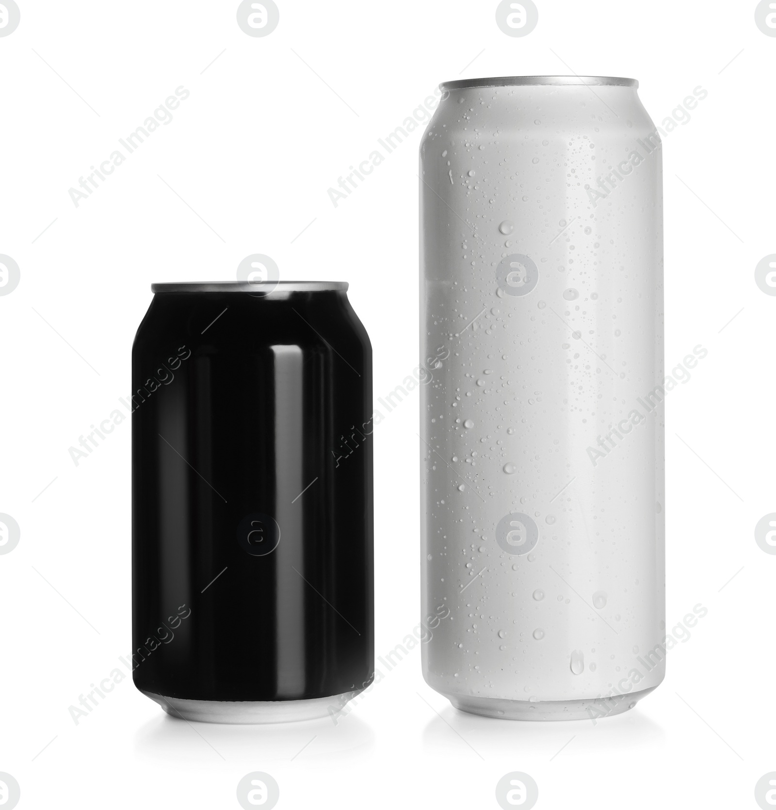 Photo of Aluminum cans with drinks on white background