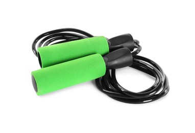 Photo of Black skipping rope on white background. Sports equipment