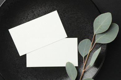 Photo of Blank business cards and eucalyptus branch on black background, flat lay. Mockup for design