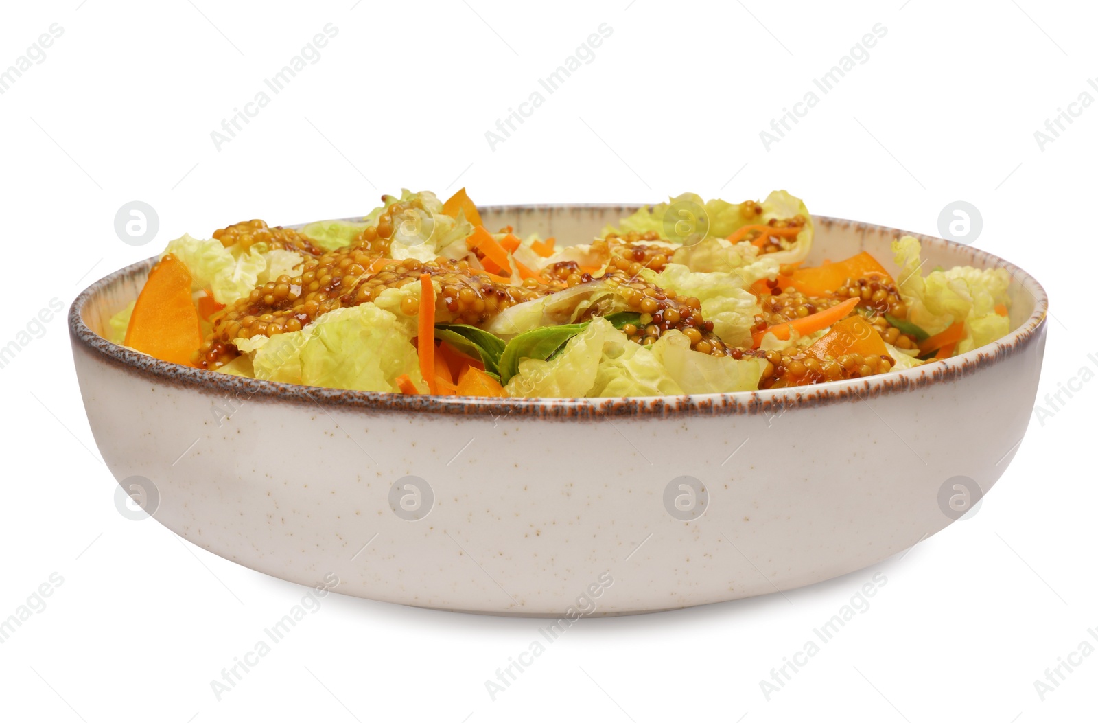 Photo of Delicious salad with Chinese cabbage and mustard seed dressing isolated on white