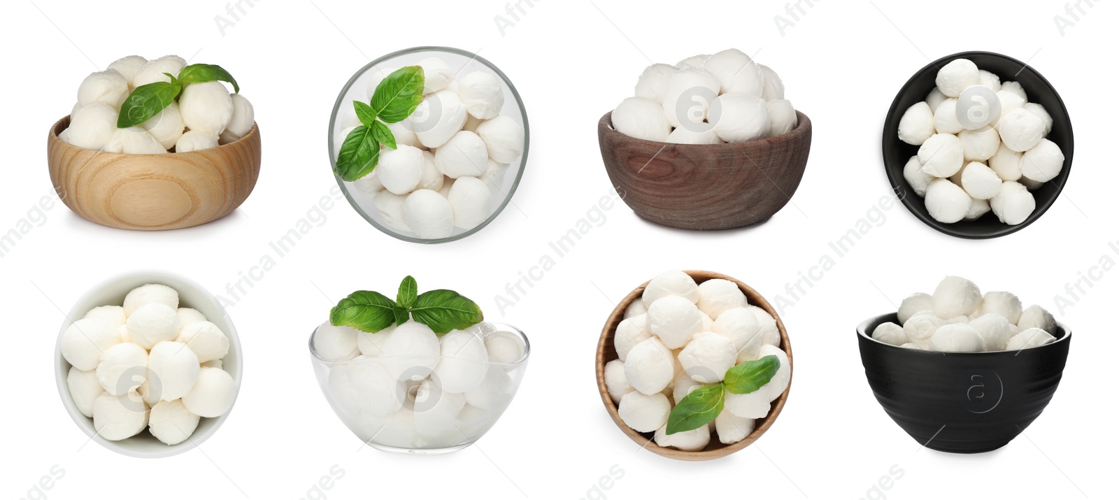 Image of Set with tasty mozzarella on white background. Banner design 