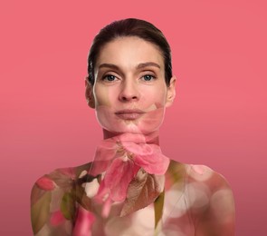 Image of Double exposure of beautiful woman and blooming flowers on pink gradient background