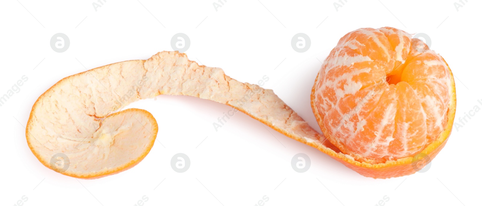 Photo of Peeled fresh ripe tangerine isolated on white, above view