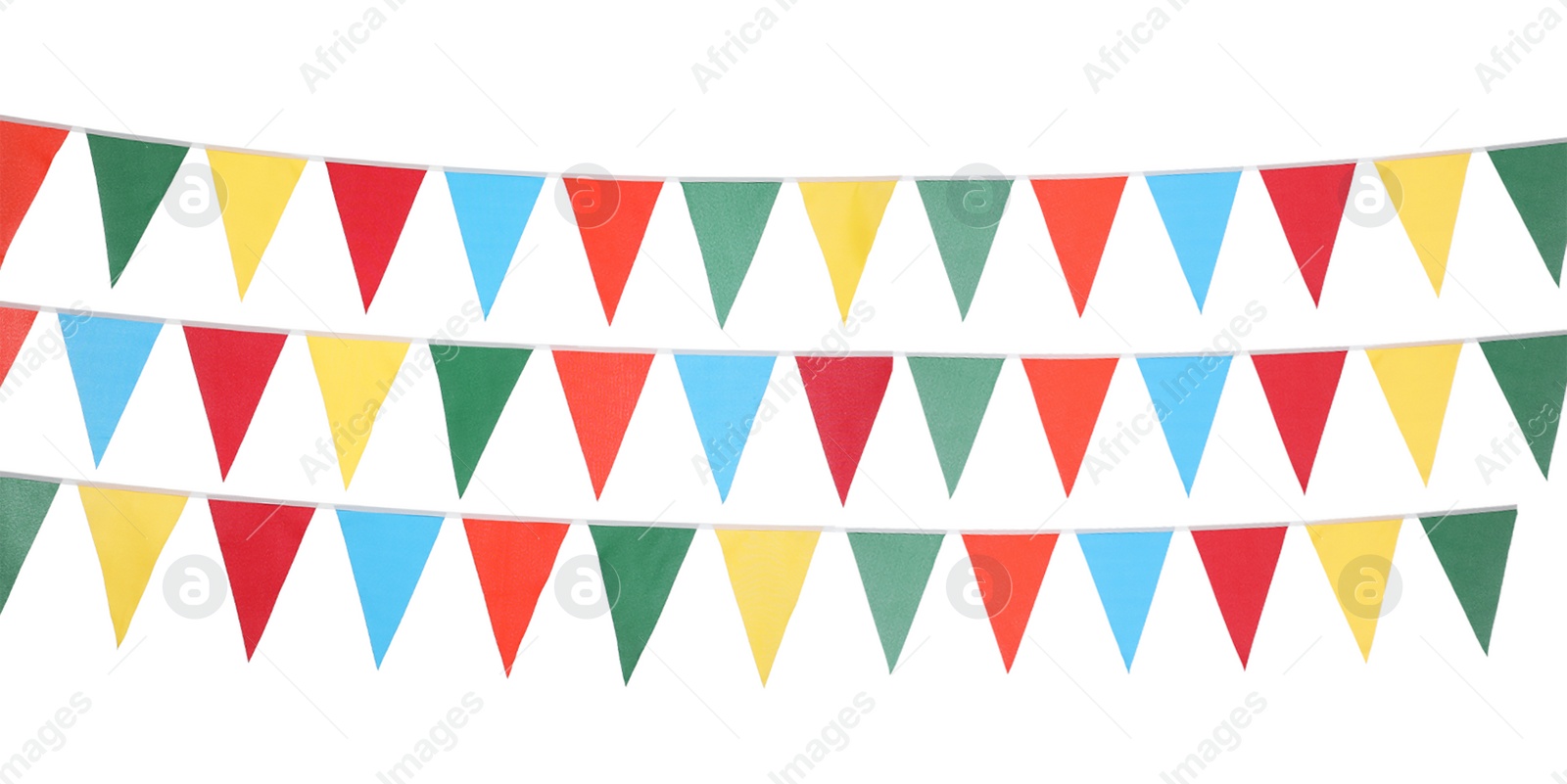 Image of Colorful triangular bunting flags on white background, banner design. Festive decor