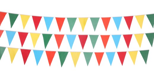 Image of Colorful triangular bunting flags on white background, banner design. Festive decor