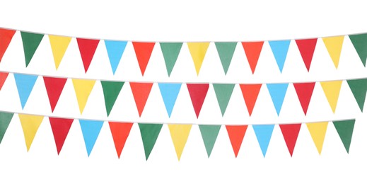 Colorful triangular bunting flags on white background, banner design. Festive decor