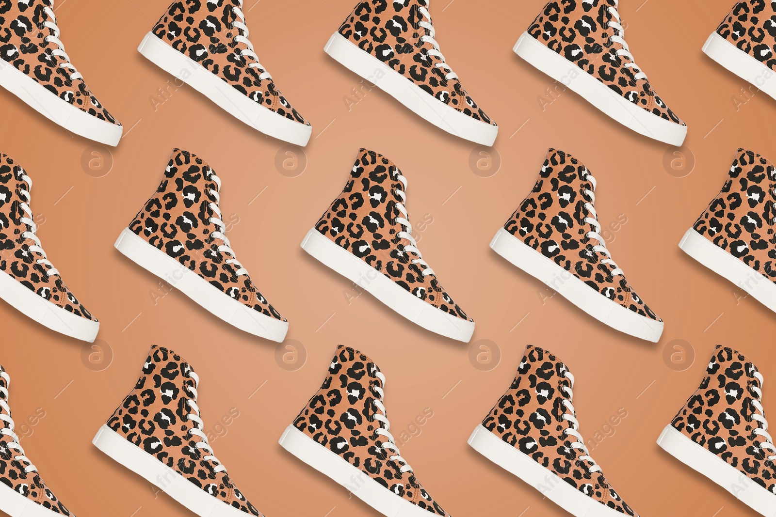 Image of Collage of classic old school sneakers with leopard pattern on brown background