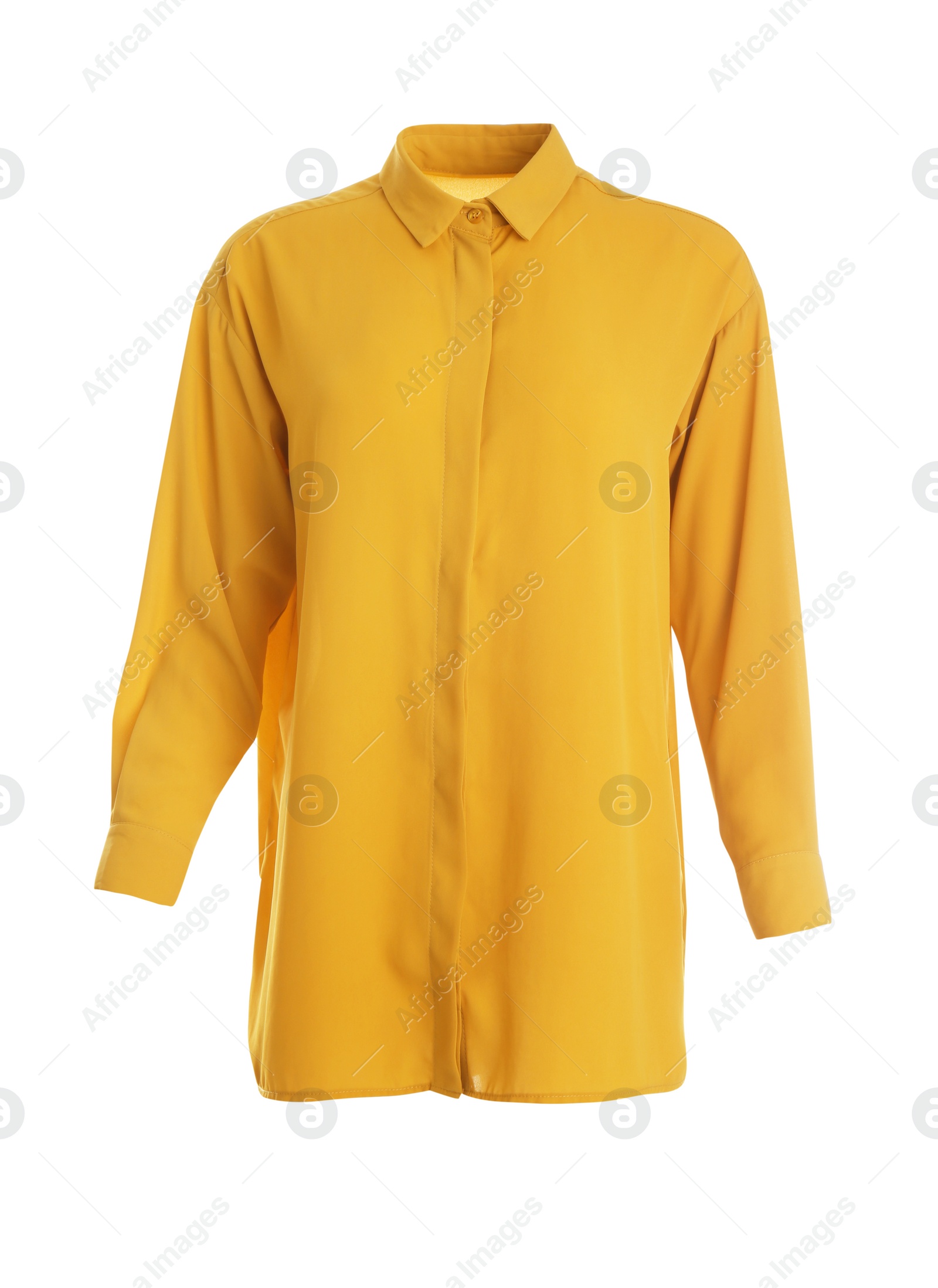 Photo of Elegant yellow shirt on mannequin against white background. Women's clothes