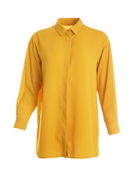 Photo of Elegant yellow shirt on mannequin against white background. Women's clothes