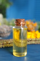 Bottle of essential oil and different herbs on blue wooden table, closeup