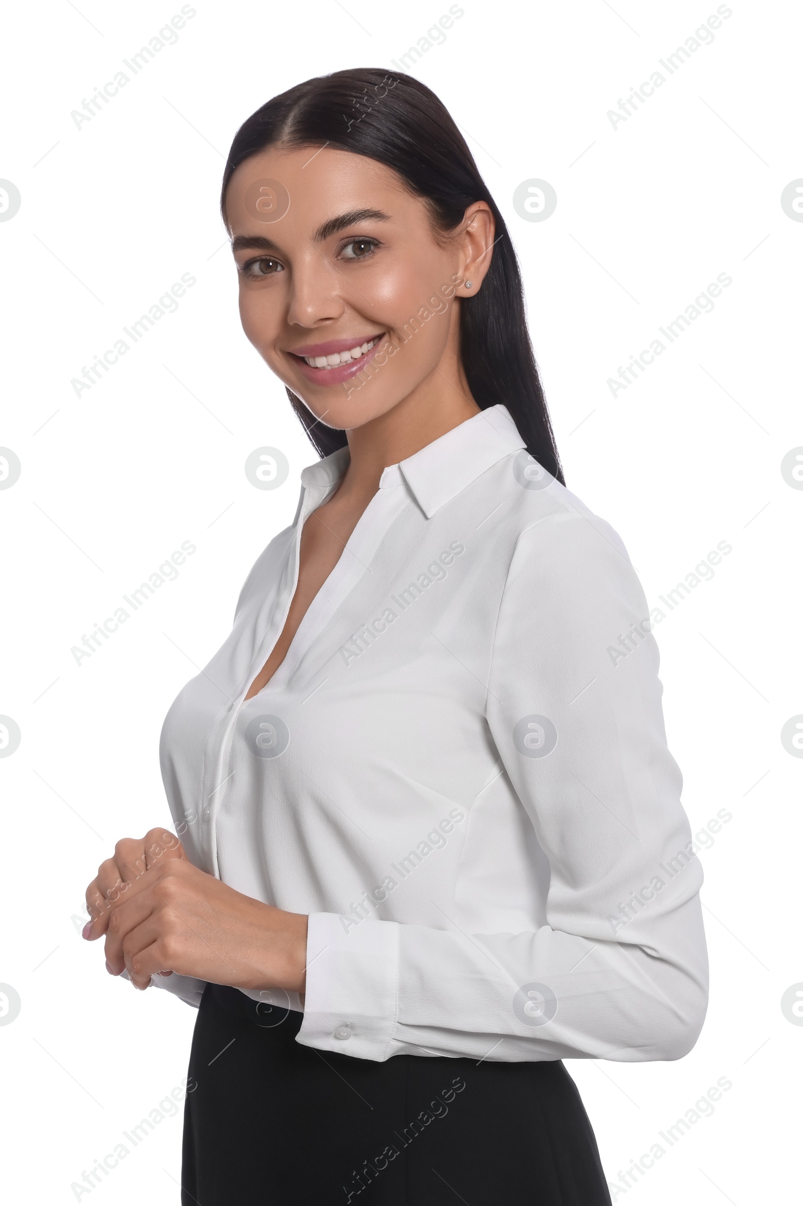 Photo of Portrait of hostess in uniform on white background