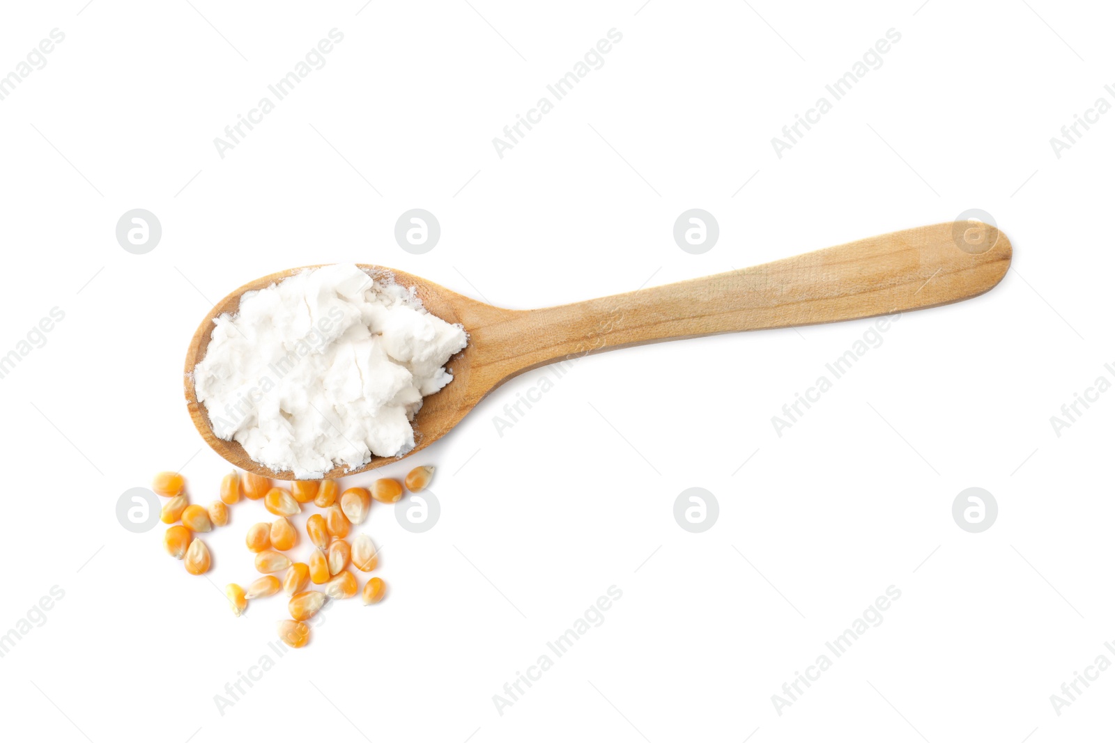 Photo of Spoon with corn starch and kernels on white background, top view