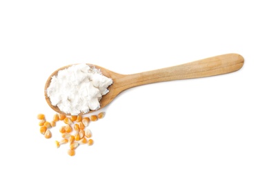 Spoon with corn starch and kernels on white background, top view