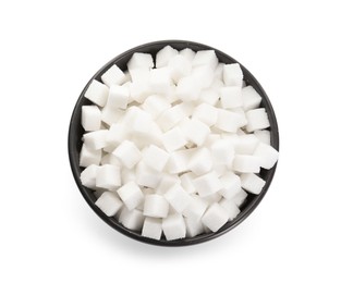 Sugar cubes in bowl isolated on white, top view