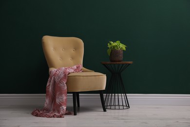 Comfortable chair and beautiful plant near dark green wall indoors