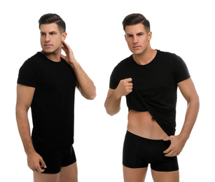 Image of Collage of man in underwear and t-shirt on white background