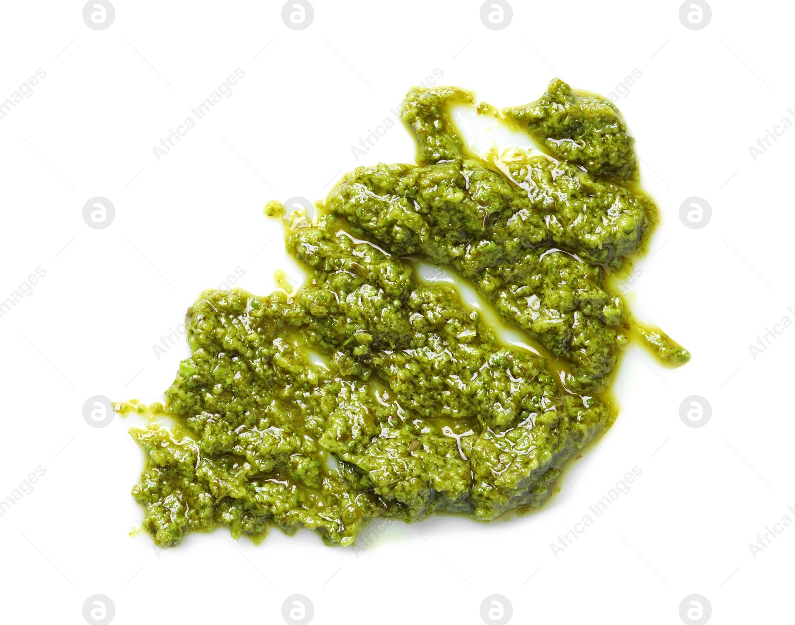 Photo of Sample of tasty pesto sauce isolated on white, top view