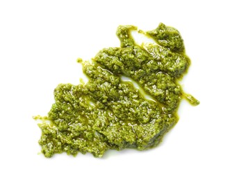 Photo of Sample of tasty pesto sauce isolated on white, top view