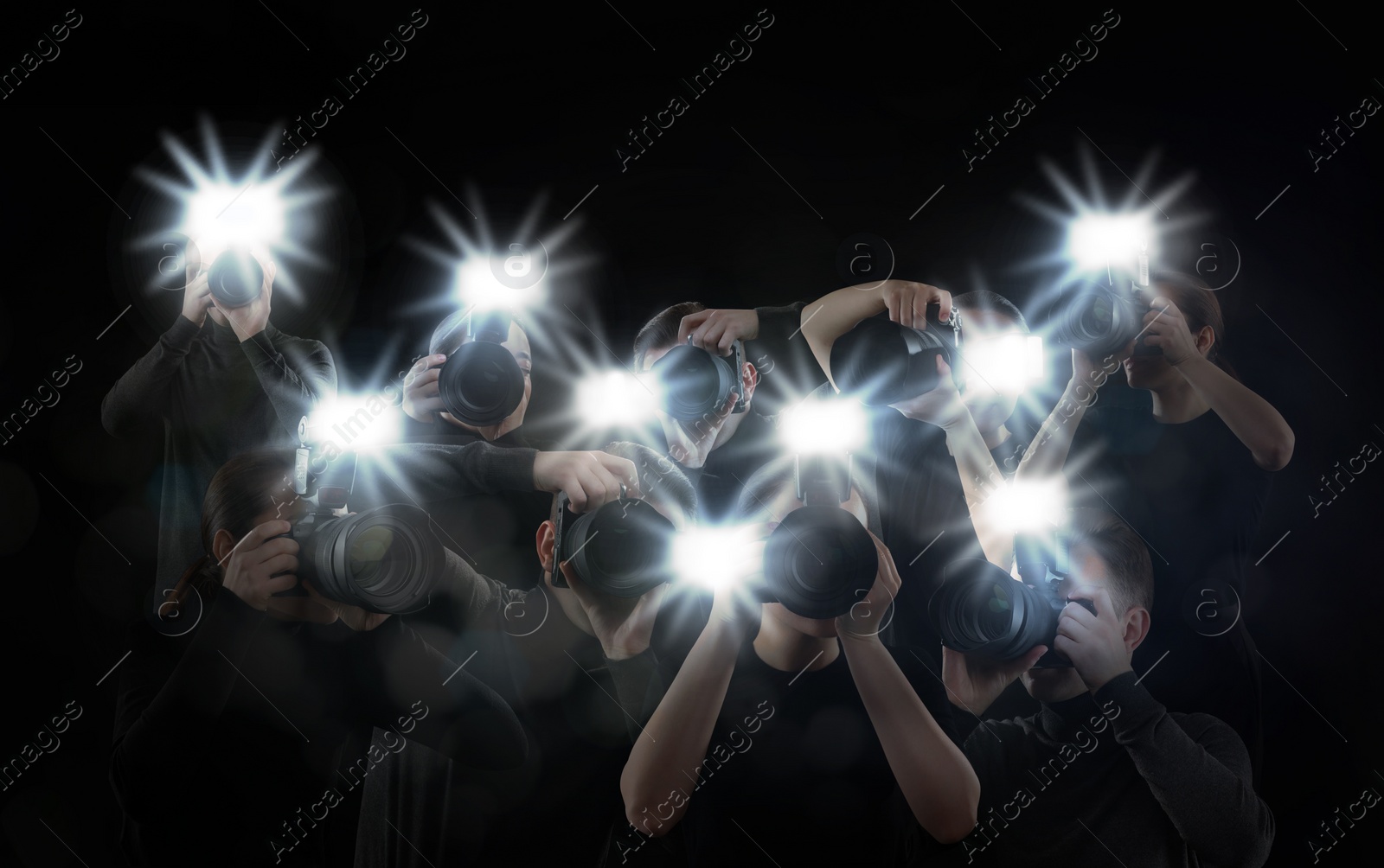 Image of Group of photographers with cameras on black background. Paparazzi