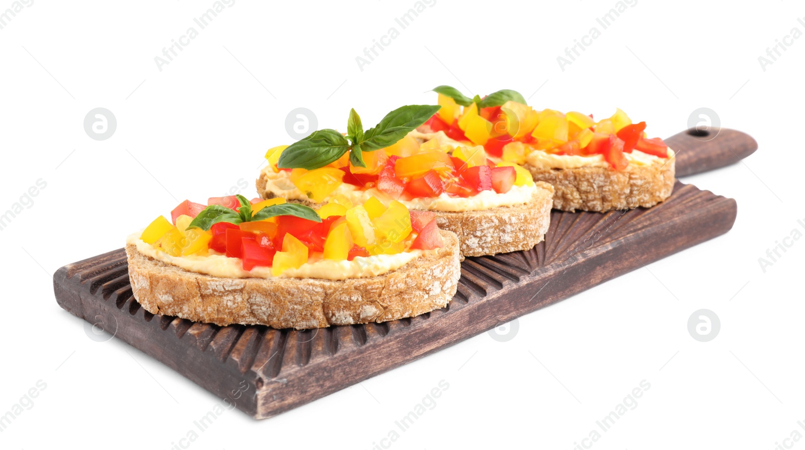 Photo of Tasty fresh tomato bruschettas on white background