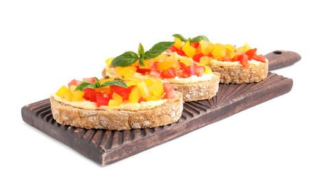 Tasty fresh tomato bruschettas on white background