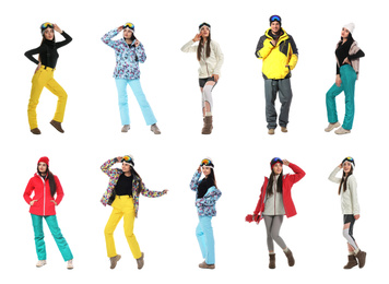 Image of Collage of people wearing winter sports clothes on white background