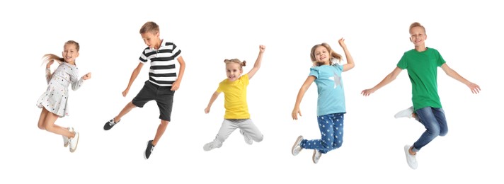 Image of Different kids jumping on white background, collage with photos